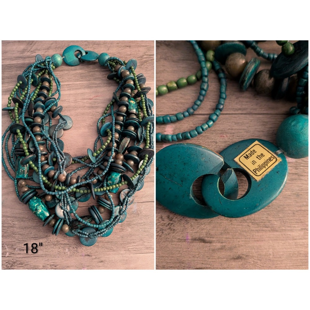 Boho‎ Multi Strand Wood Bead Statement Necklace Teal Green Philippines 18 Inch